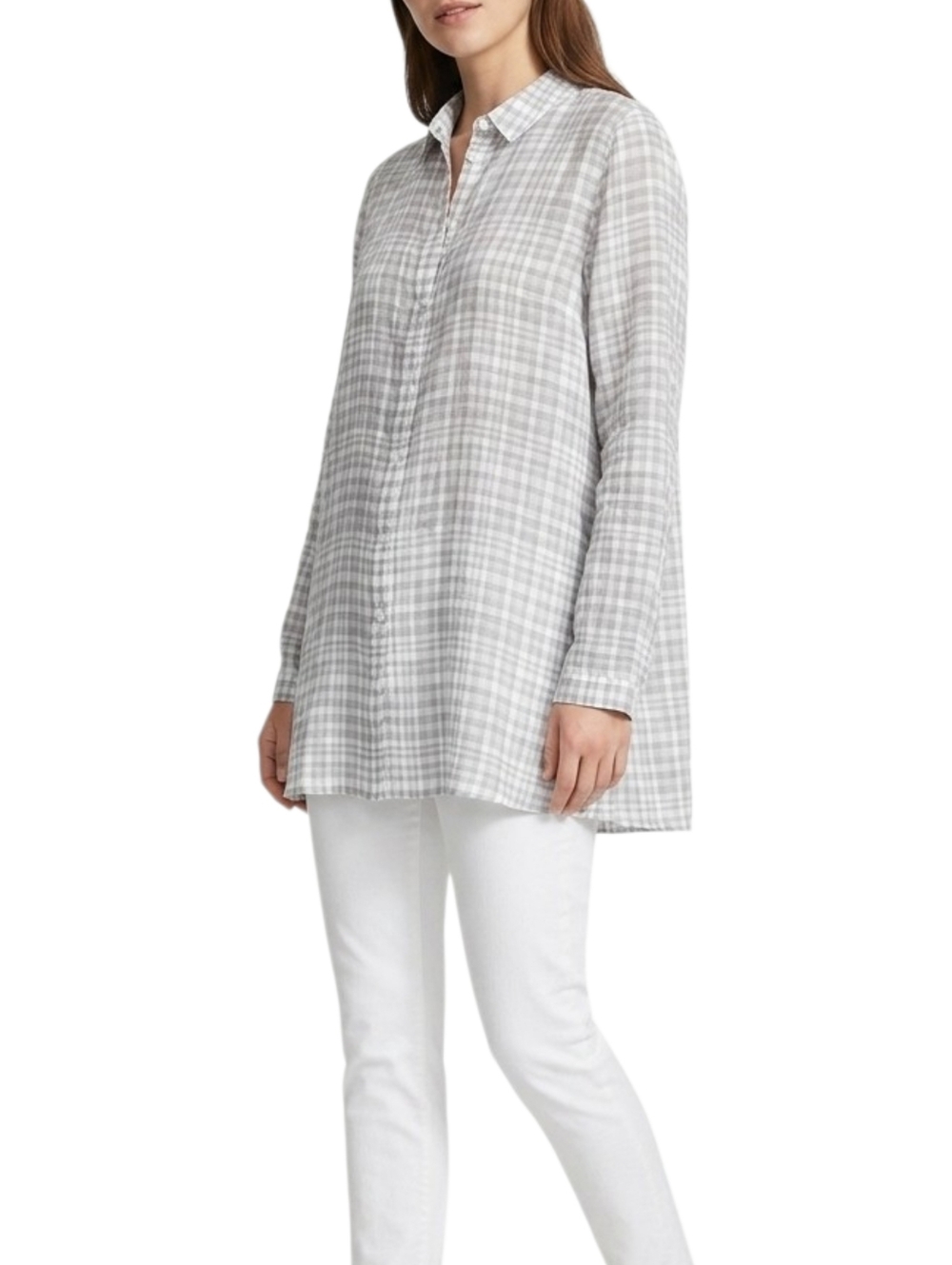 Lafayette 148 New York Plaid Tunic Blouse Cloud Multi Linen Blend Large NWT